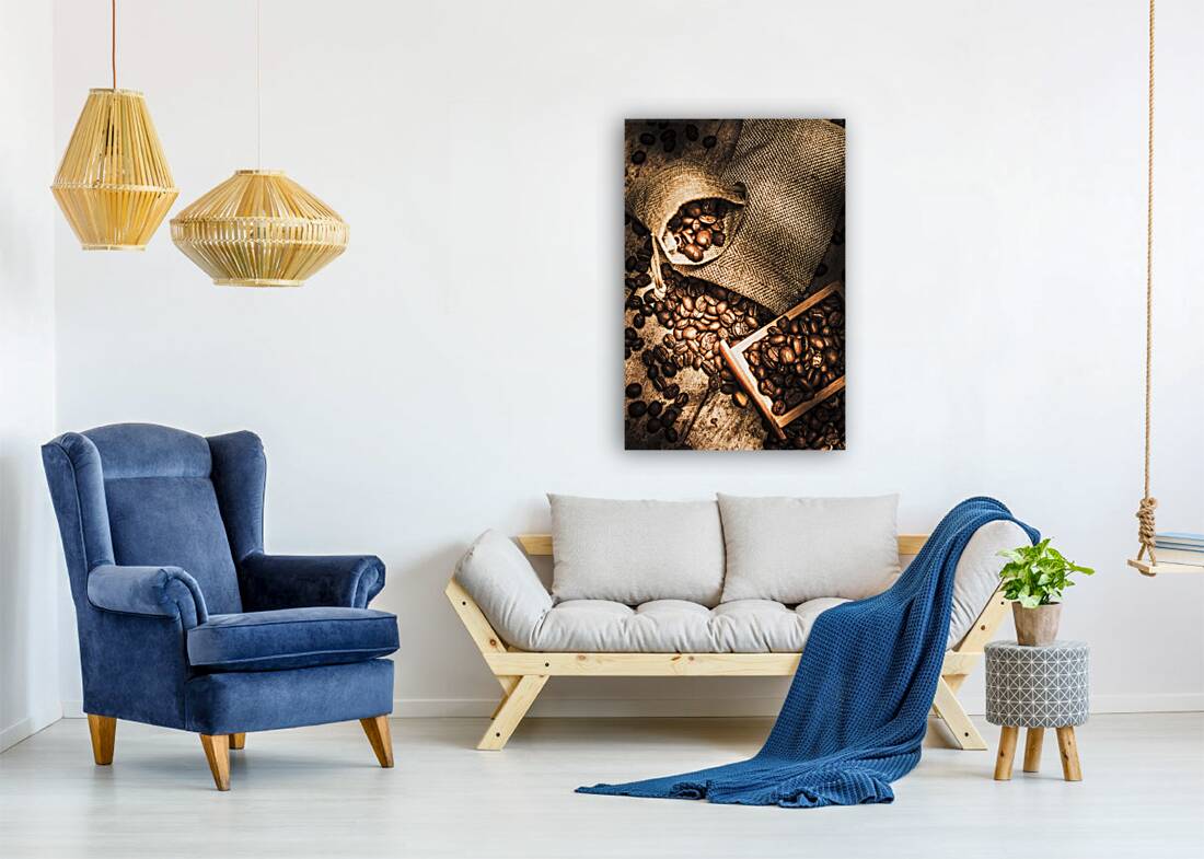 Roasted Coffee Beans In Drawer And Bags On Table Reproduction