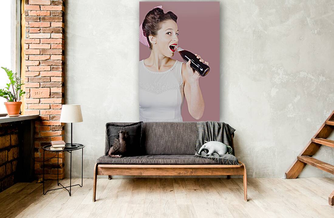 Old-fashion pop art girl drinking from soda bottle Reproduction