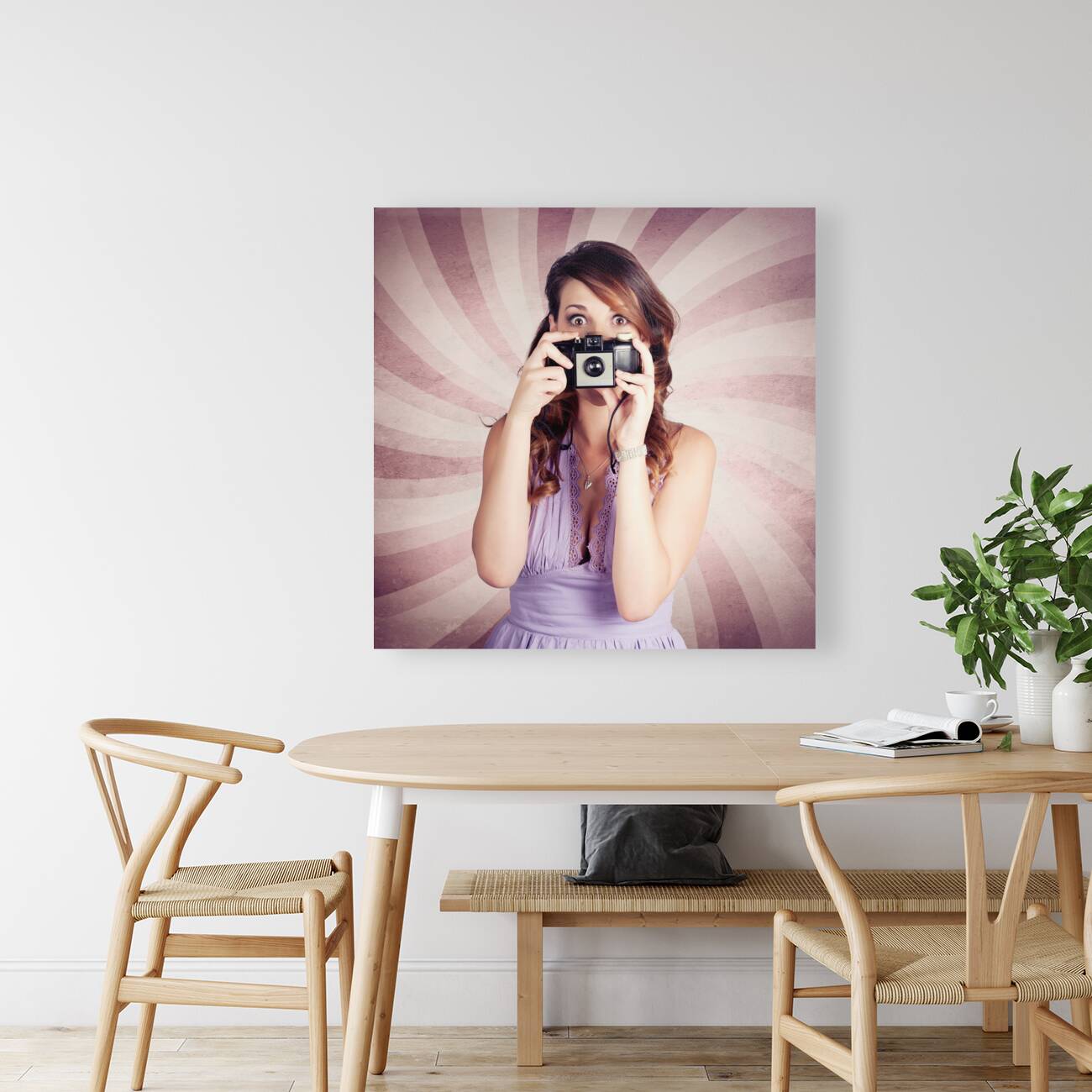 Pin-up Photographer Girl Taking Surprise Photo Reproduction