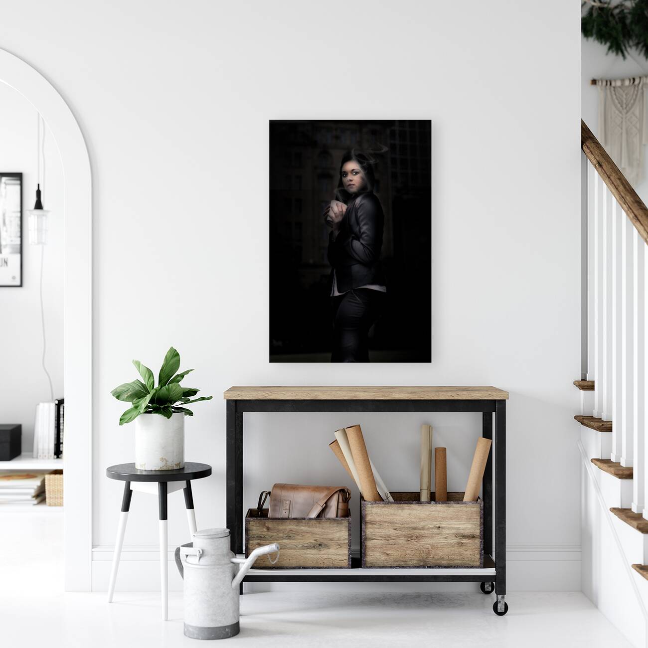 Mysterious Woman Standing In Darkness With Coffee Reproduction