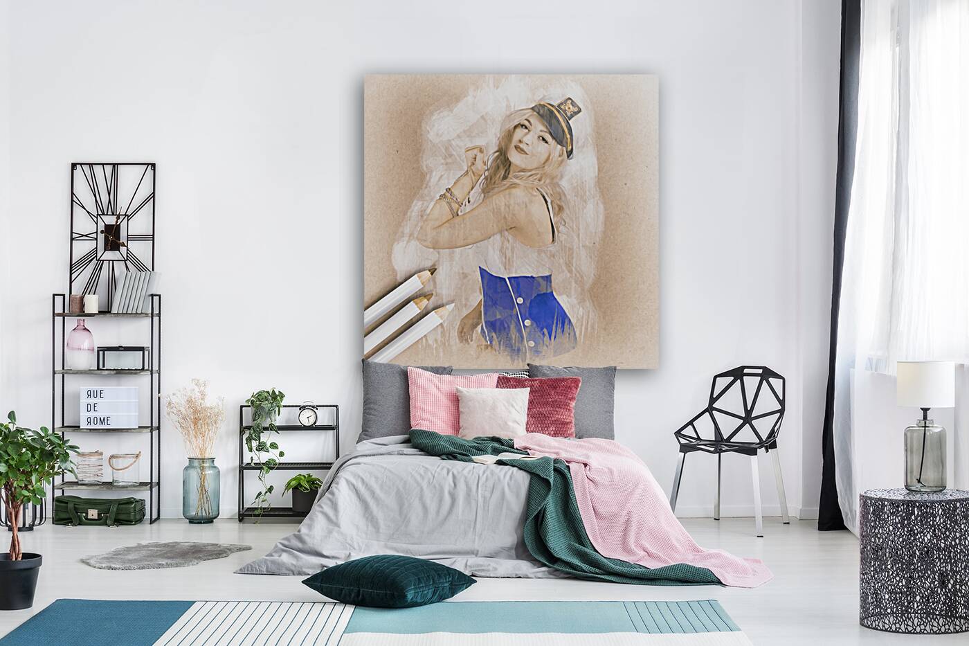 Artistic pencil drawing of a sailor pinup woman Reproduction