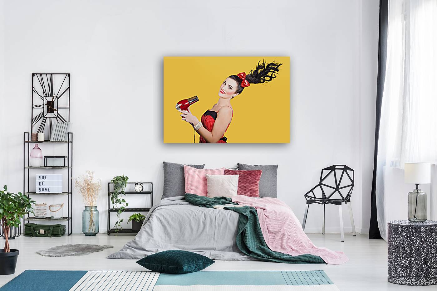 Cute brunette retro woman with hair dryer Reproduction