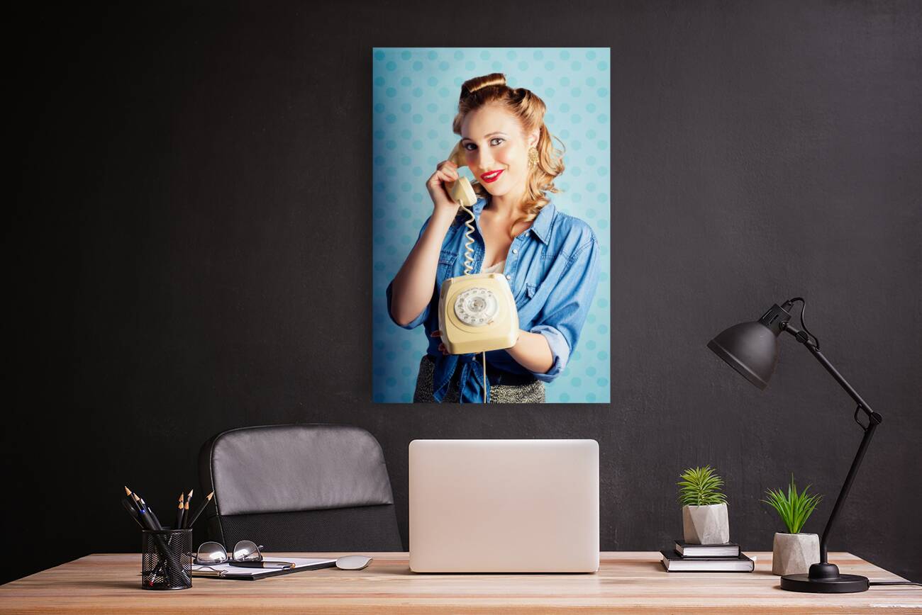 Sixties Woman Holding Vintage Telephone Handset Reproduction