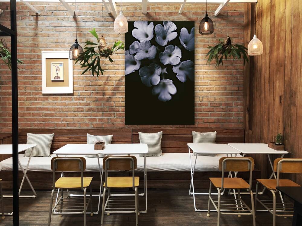 Artistic dark blue flowers in night winter garden Reproduction