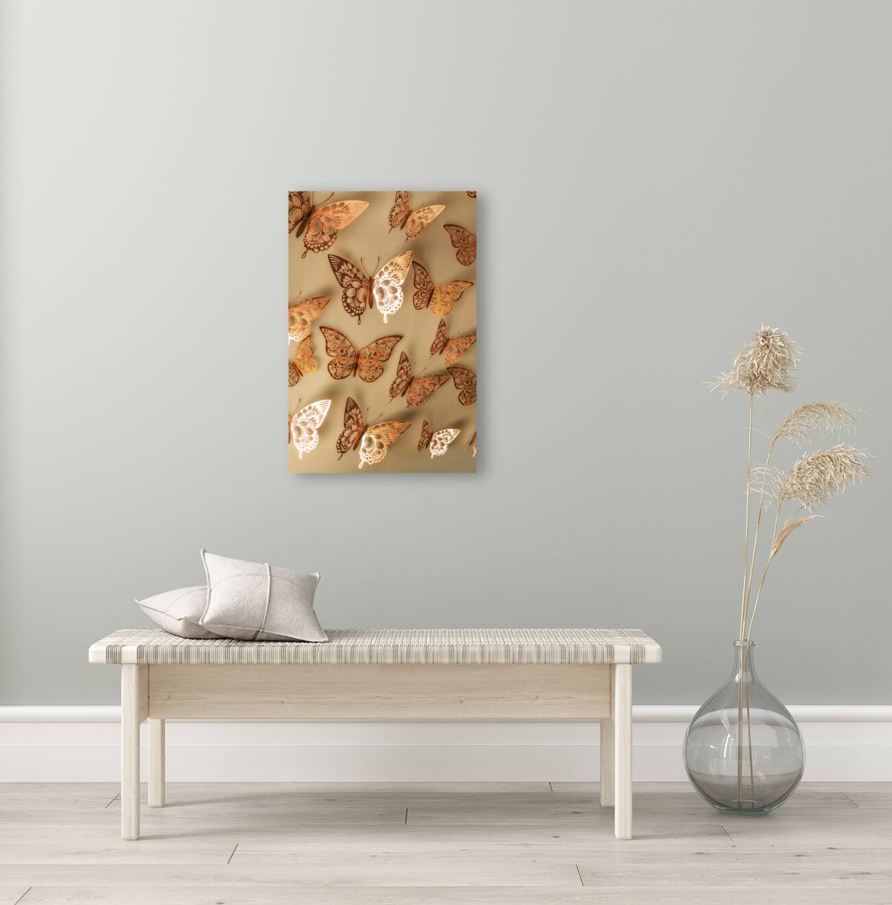 Golden butterflies adorning a soft beige wall Reproduction