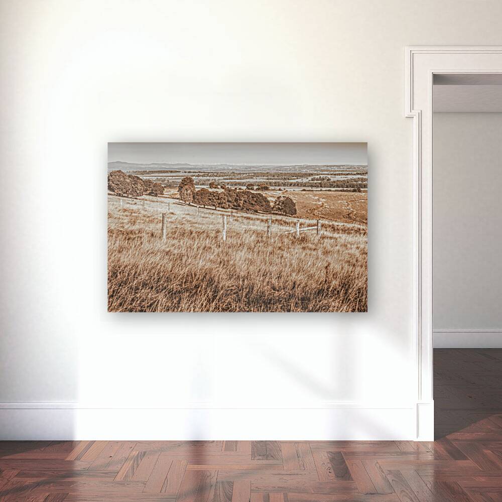 Expansive hills and rustic fencing Reproduction