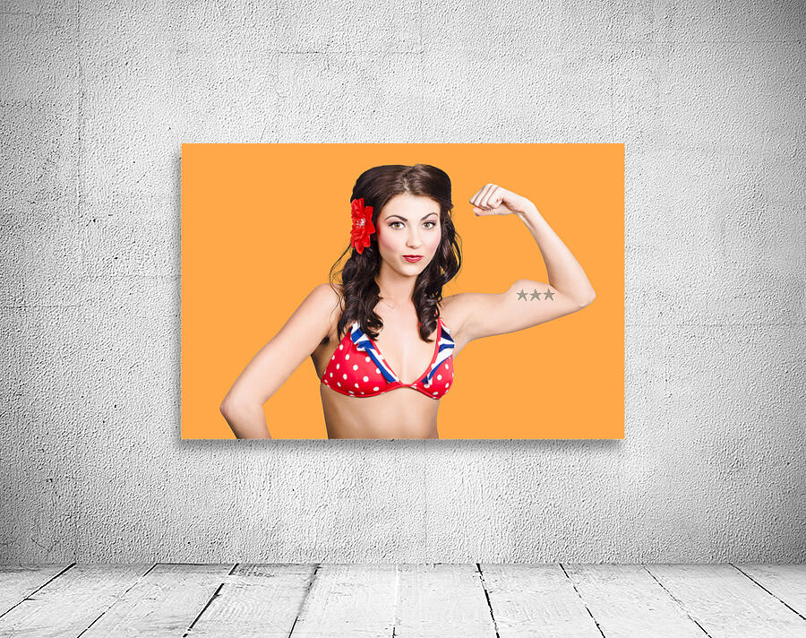 Pinup girl flexing biceps muscle. Bodybuilding Wall Preview
