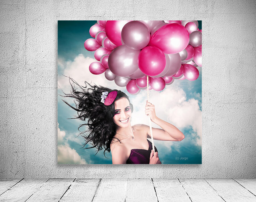 Celebration. Happy Fashion Woman Holding Balloons Wall Preview