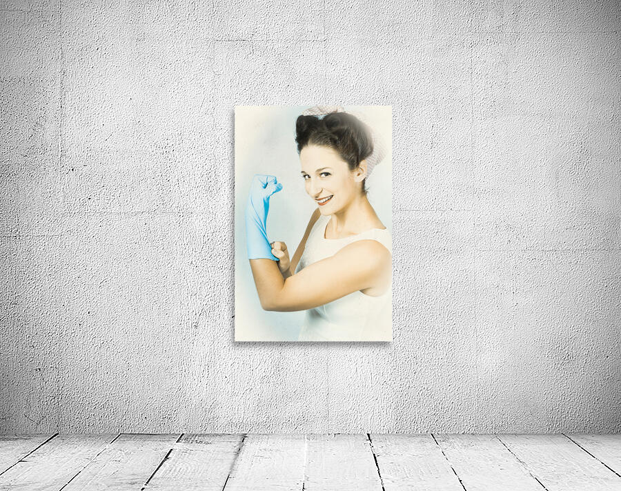 Pinup housewife flexing muscles. Cleaning strength Wall Preview