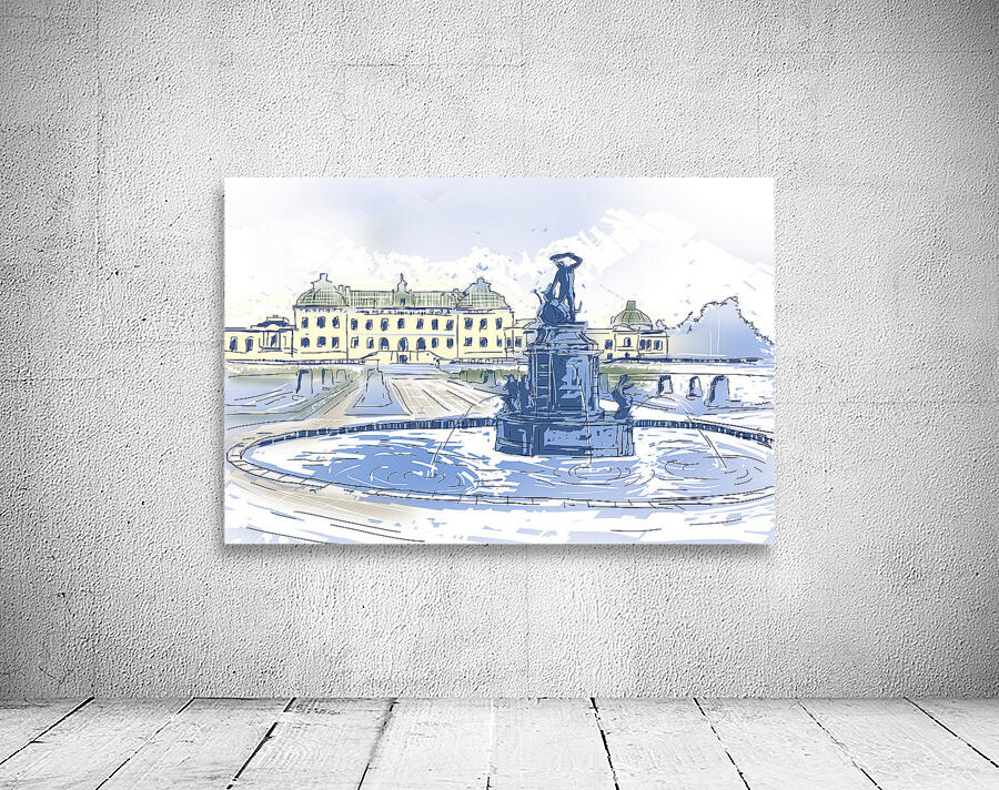 Drottningholms Slott royal palace and fountain Illustration Wall Preview