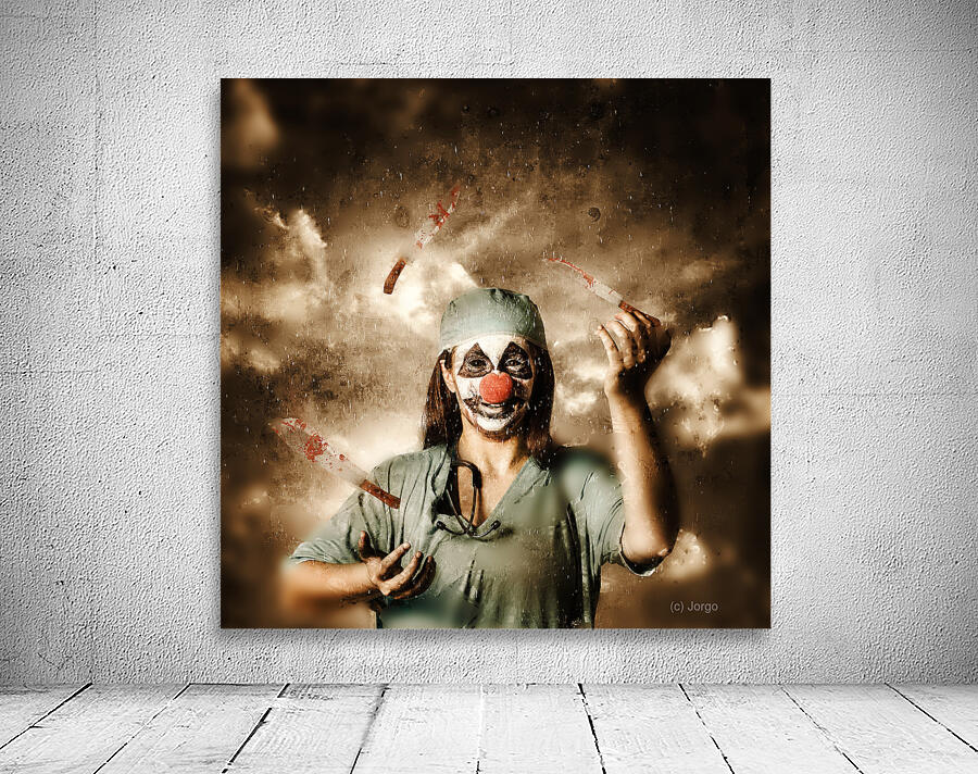 Evil surgeon clown juggling bloody knives outside Wall Preview