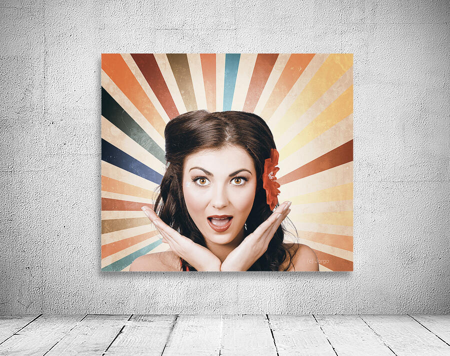 Beautiful retro brunette girl with surprised look Wall Preview