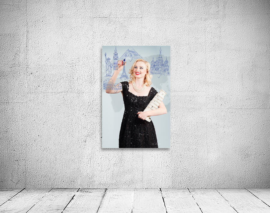 Blond woman drawing a travel landmark illustration Wall Preview