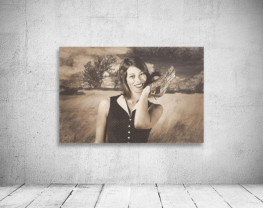 Retro pinup poster girl holding baseball in glove Wall Preview