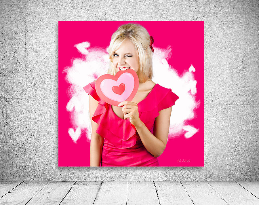 Cute love hungry girl eating big red heart Wall Preview