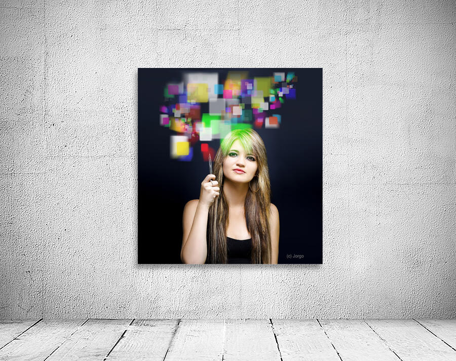 Woman accessing digital media with touch screen Wall Preview