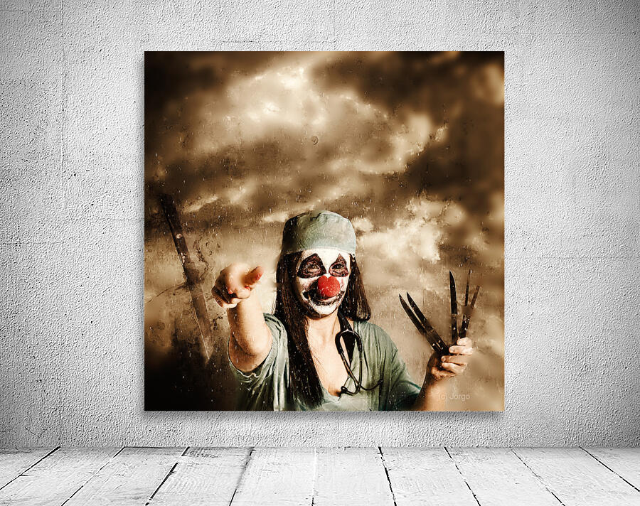 Scary clown doctor throwing knives outdoors Wall Preview