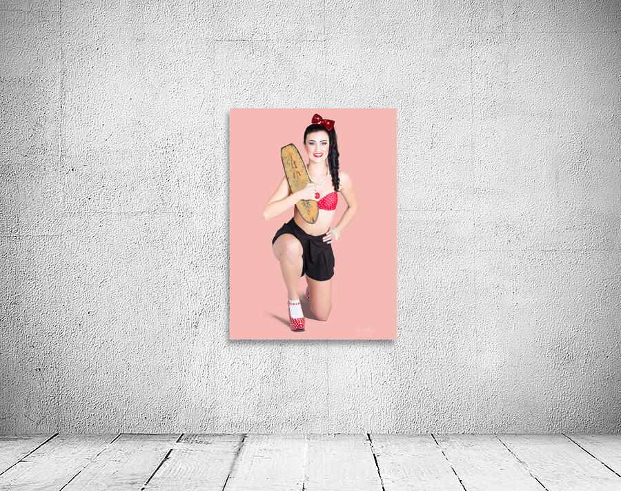 A pin up girl holding a little wooden skateboard Wall Preview