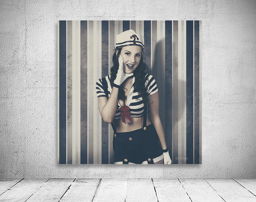 Young retro pinup woman shouting maritime surprise Wall Preview