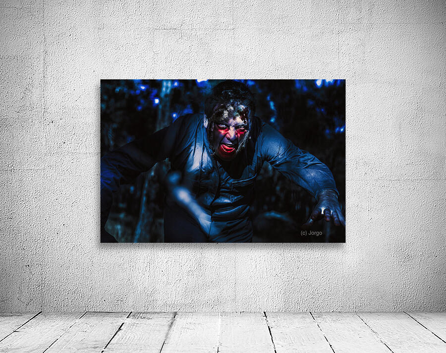 Evil zombie man creeping though black shadows Wall Preview