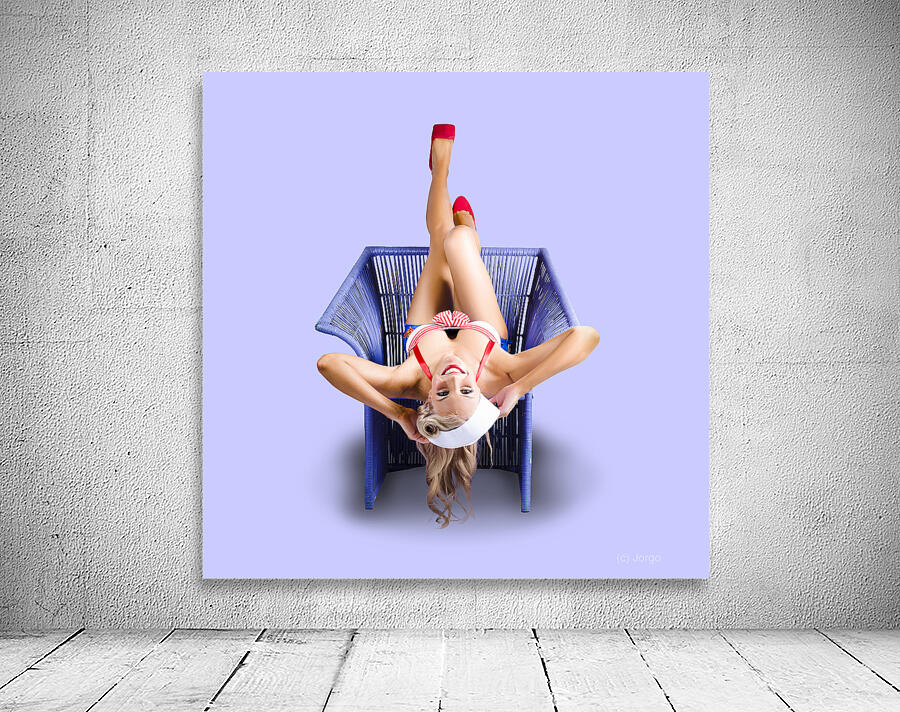 American pinup woman upside down on cane chair Wall Preview