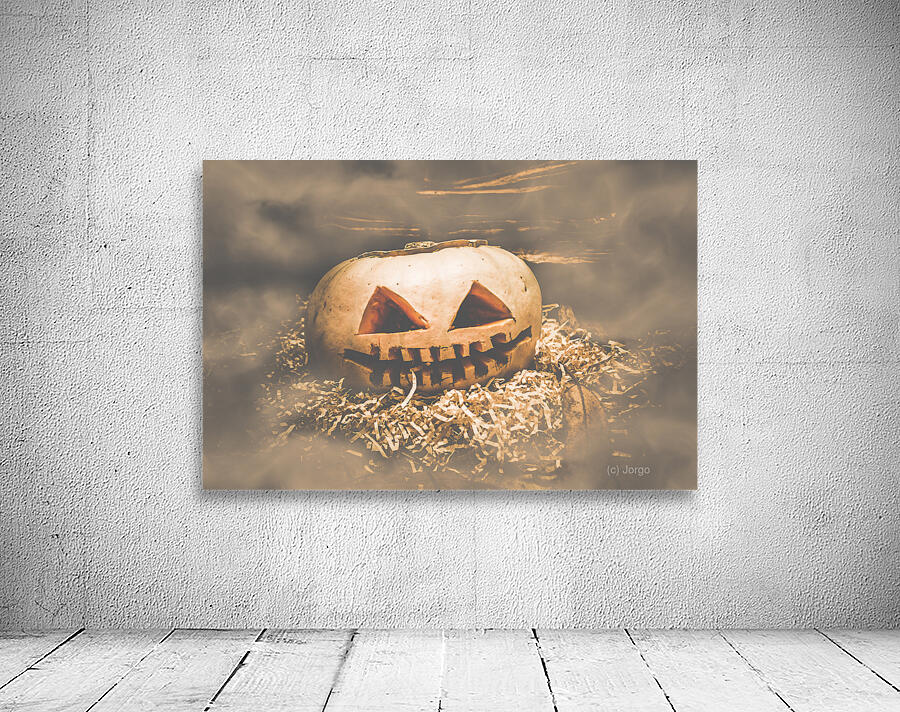 Rustic barn pumpkin head in horror fog Wall Preview