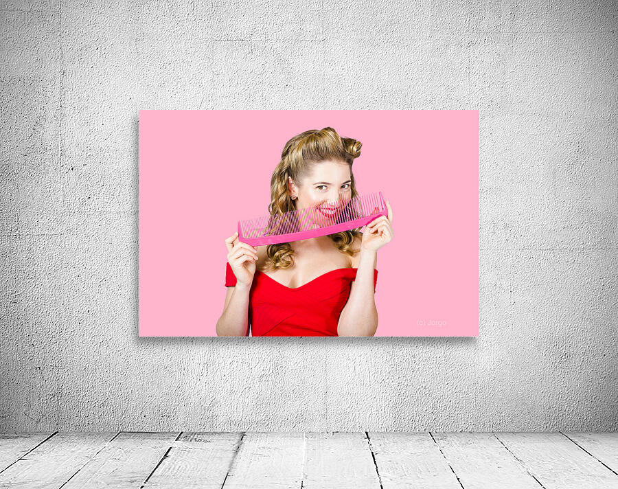 Beauty salon pinup girl smiling with haircare comb Wall Preview