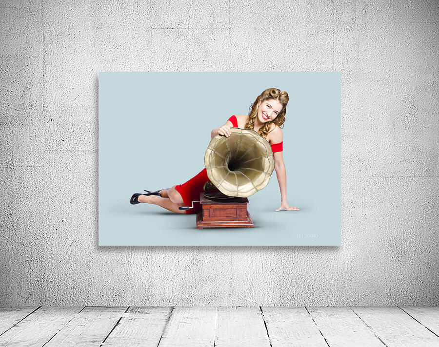Beautiful pinup woman listening to old gramophone Wall Preview