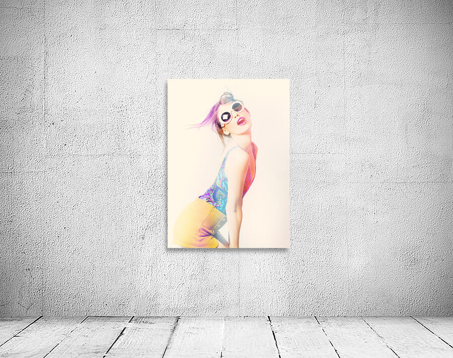 Sun flared 70s pin-up girl posing in funky colour Wall Preview