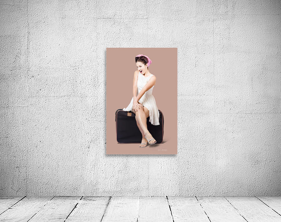 Female pinup travelling tourist sitting on luggage Wall Preview