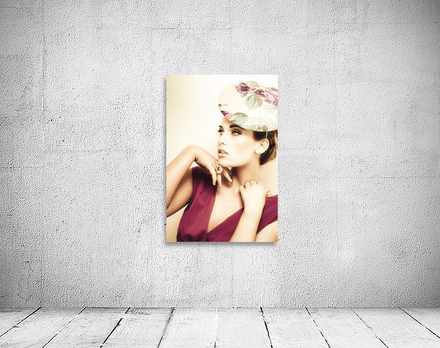 woman wearing v-neck blouse and floral hat Wall Preview