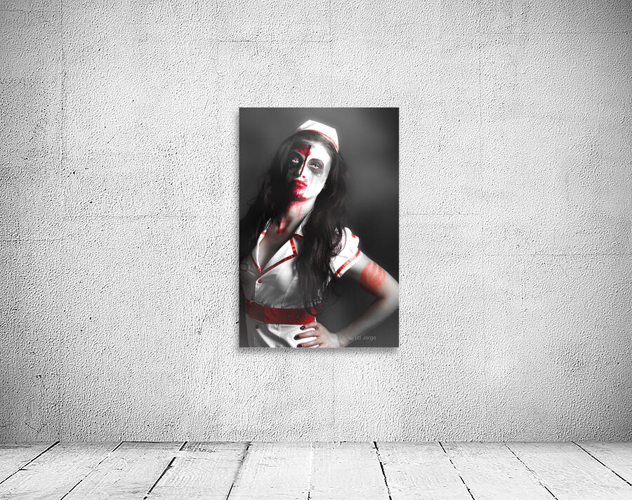 Scary zombie nurse with facial wounds Wall Preview
