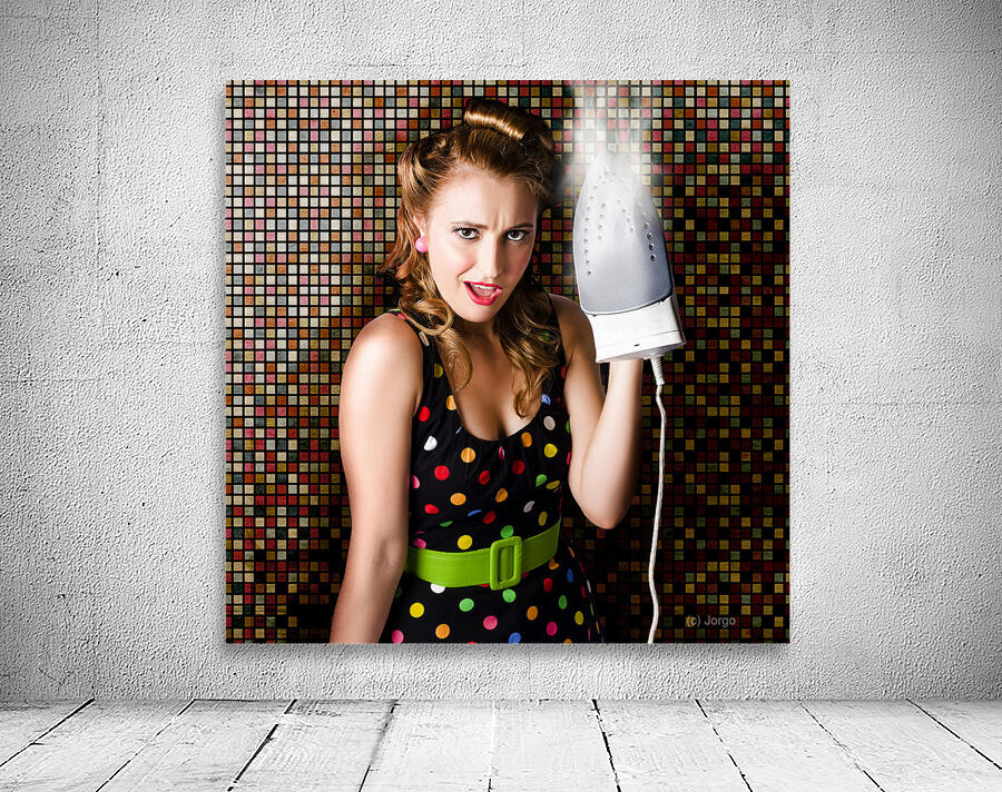 Funny Cute Cleaning Woman Ironing Retro Fashion Wall Preview