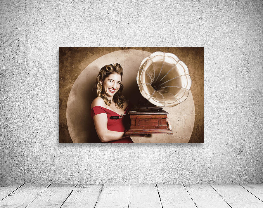 Vintage pin-up girl listening to record player Wall Preview