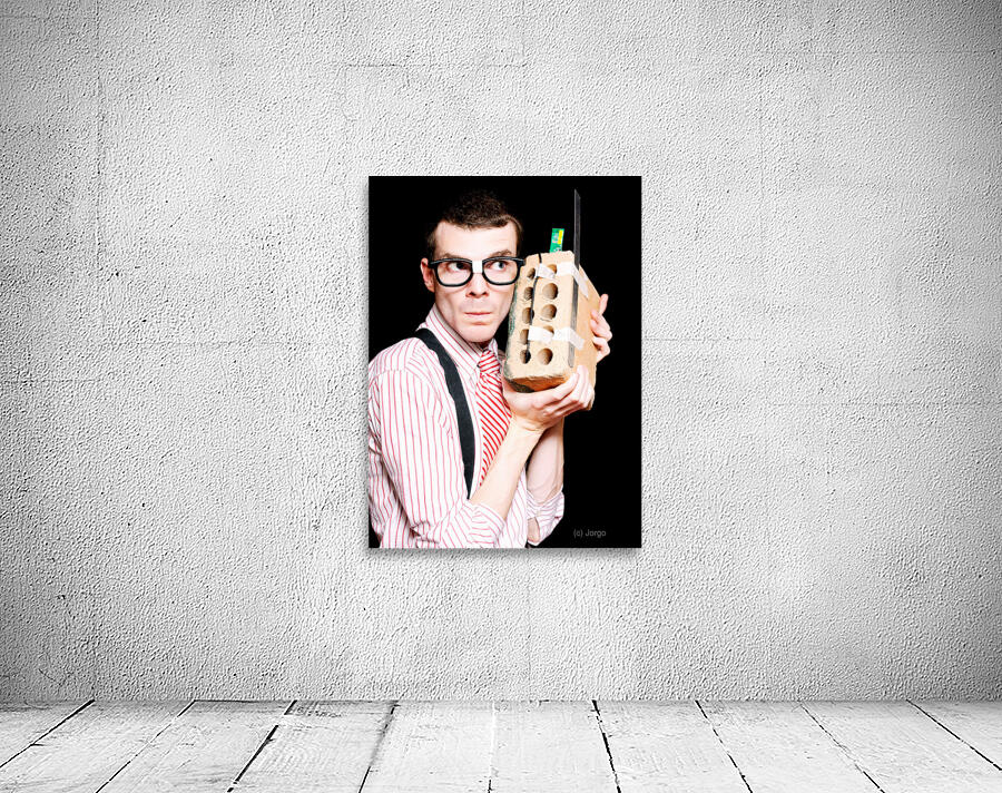 Male Nerd Inventor Holding Brick Mobile Telephone Wall Preview