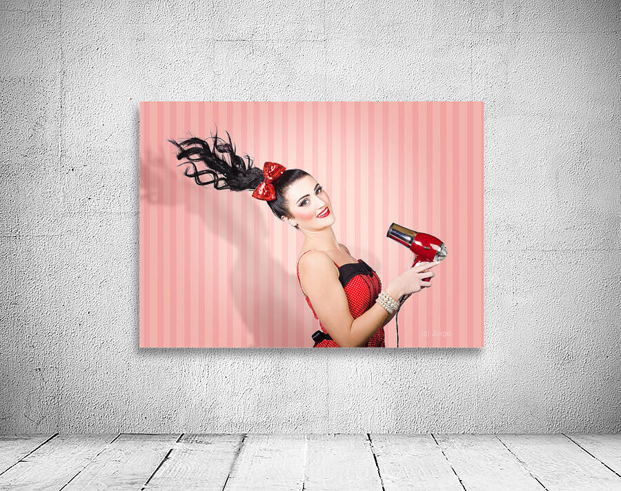 Fashion model straightening long brunette hair Wall Preview