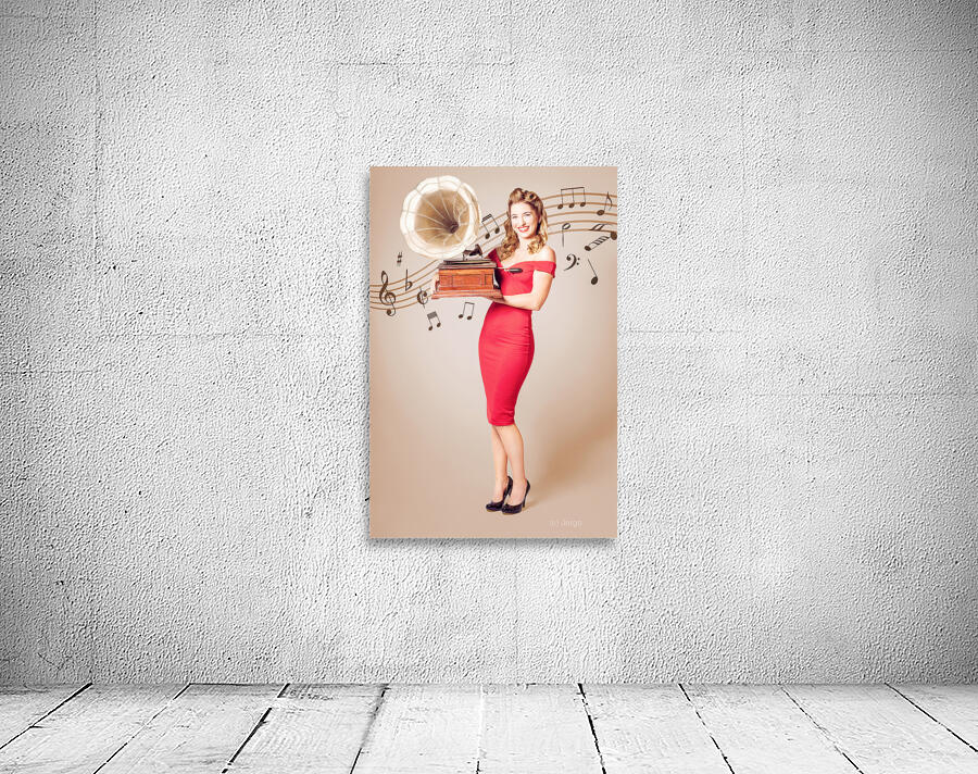 Pin-up at the disco. Vintage woman with gramophone Wall Preview