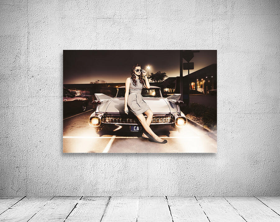 Retro Sixties Pinup Girl On Vintage Car Wall Preview