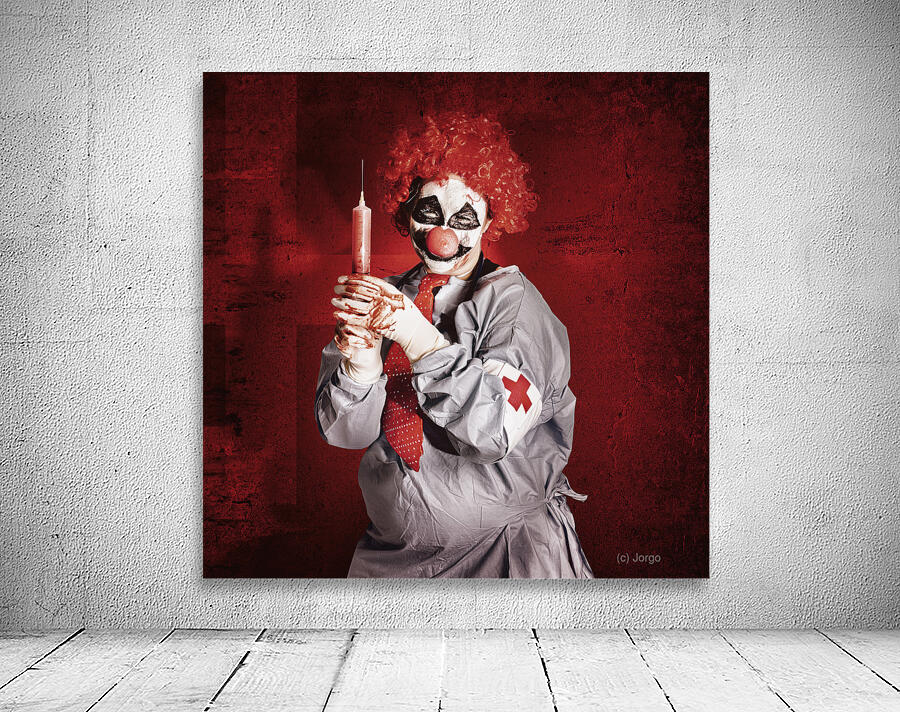 Dr Death clown with big red hypodermic needle Wall Preview