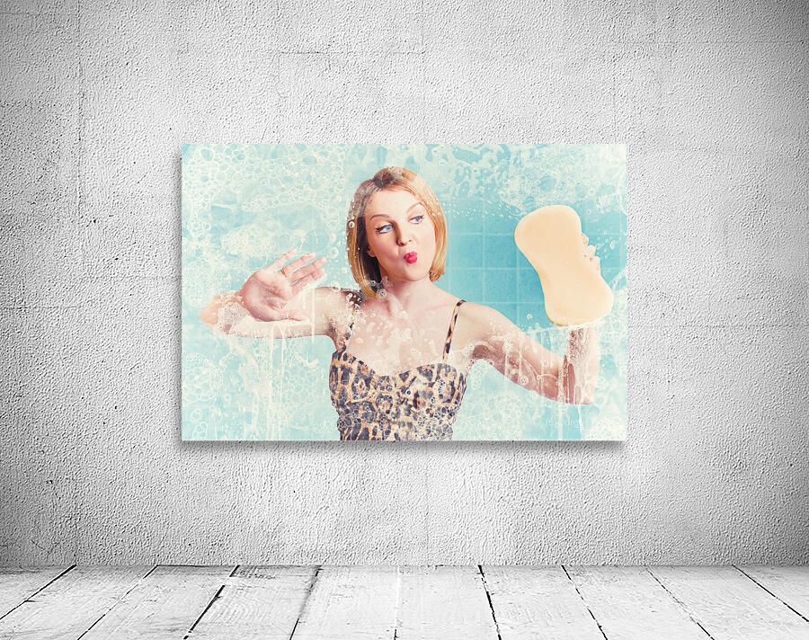 Funny pin up cleaning woman washing bathroom glass Wall Preview