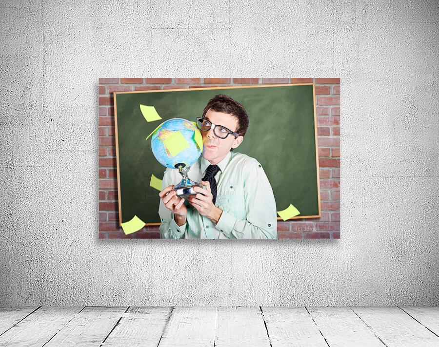 Nerd man holding earth world globe in classroom Wall Preview