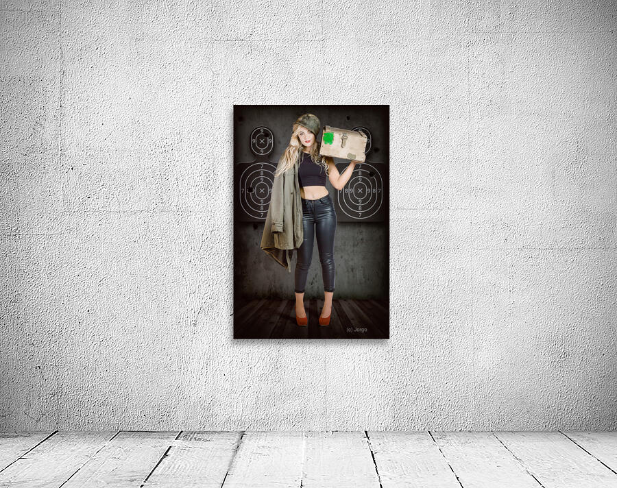 Army pinup girl at rifle range. Bullet proof Wall Preview