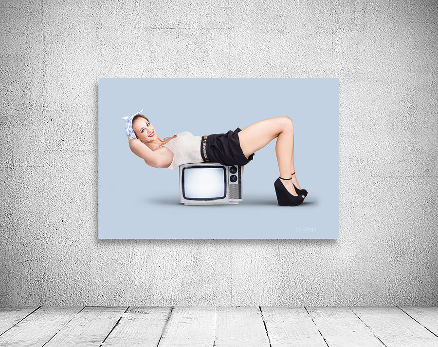 Retro housewife doing television aerobic exercise Wall Preview