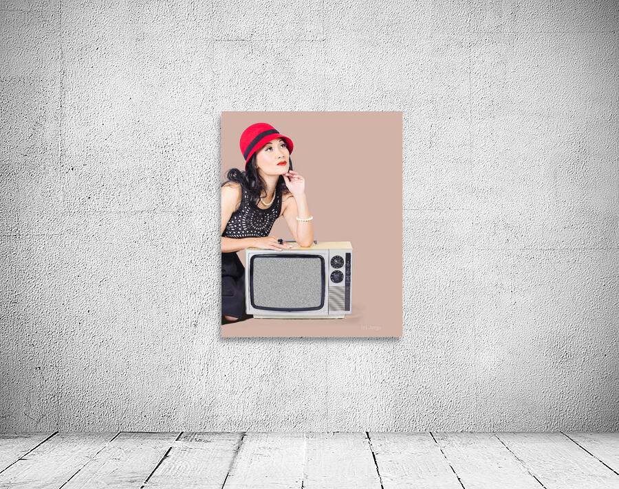 Woman on retro TV. Fifties broadcast Wall Preview