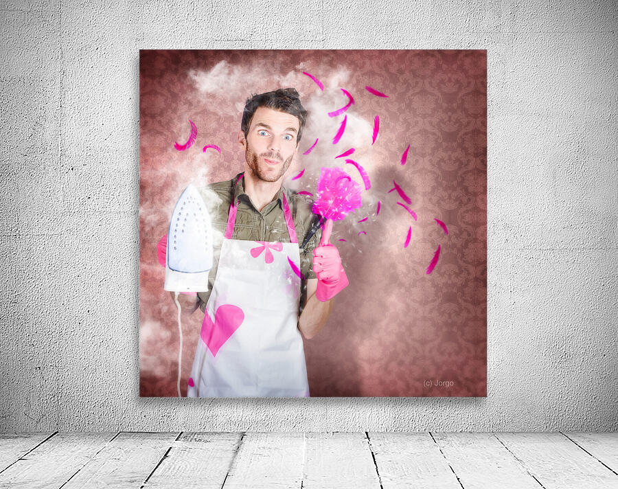 Funny cleaning man doing housework chores Wall Preview
