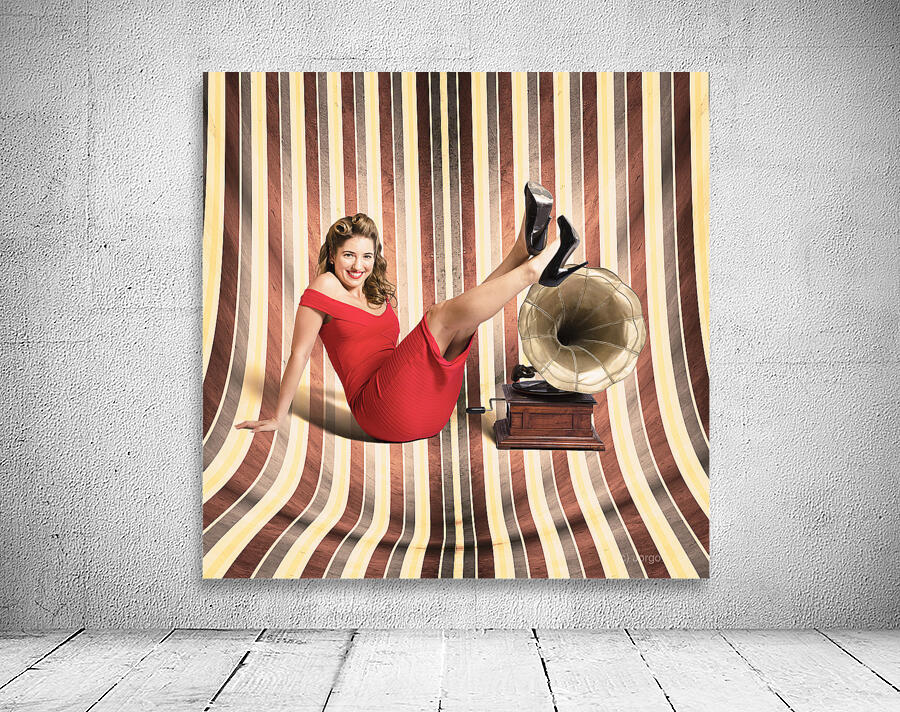 Happy pin up lady. Retro music and entertainment Wall Preview