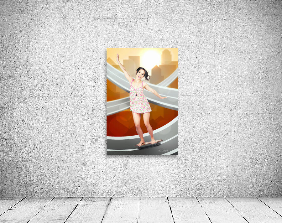 Beautiful smiling skater woman. City skateboarding Wall Preview