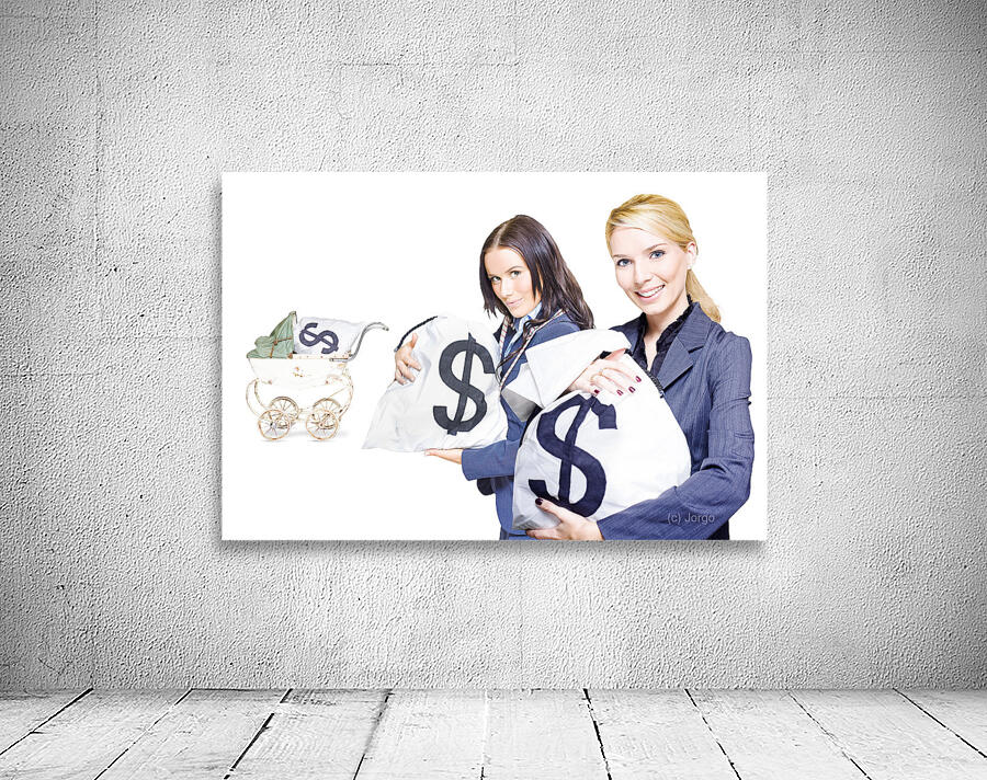 Pretty young business women holding sacks of money Wall Preview