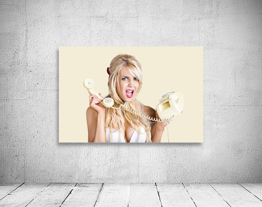 Confused woman with retro phone Wall Preview