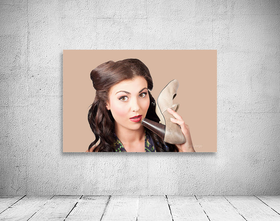 Pinup vintage woman chatting on shoe phone Wall Preview